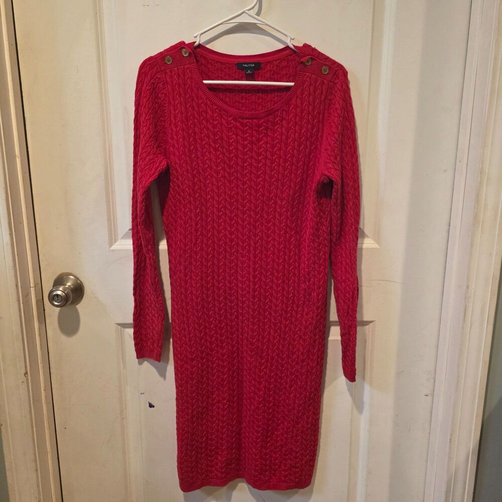 Nautica Cable Knit Sweater Dress Small Pink Long Sleeve Cotton Button Shoulder